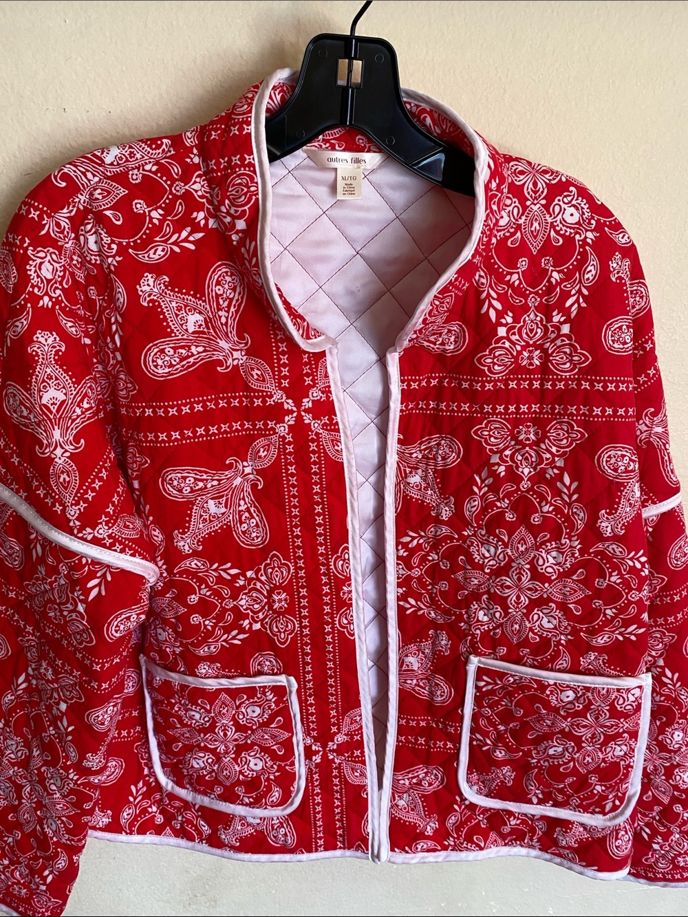 Red Bandana-Print Quilted Jacket with White Trim